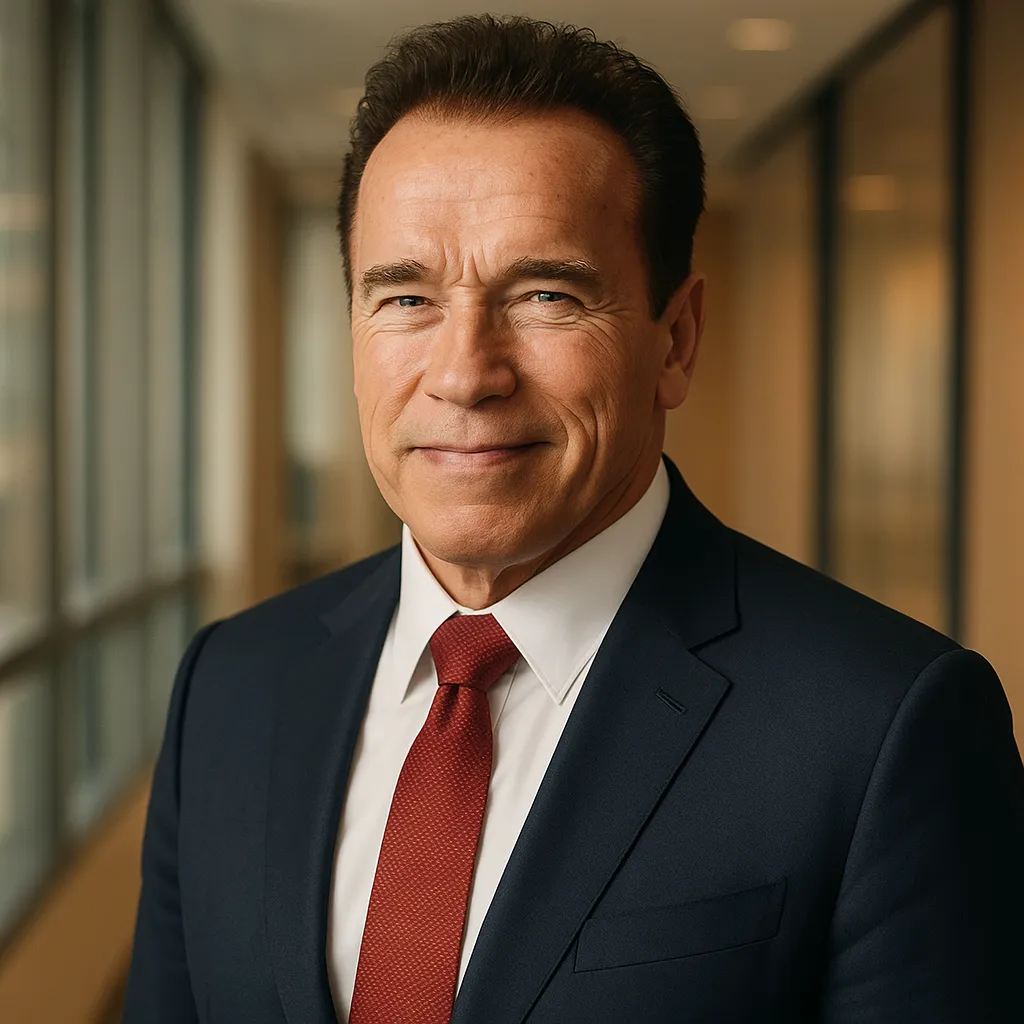 Professional headshot portrait of Arnold Schwarzenegger in business attire, modern office setting, warm lighting, professional photography, clean background, corporate style