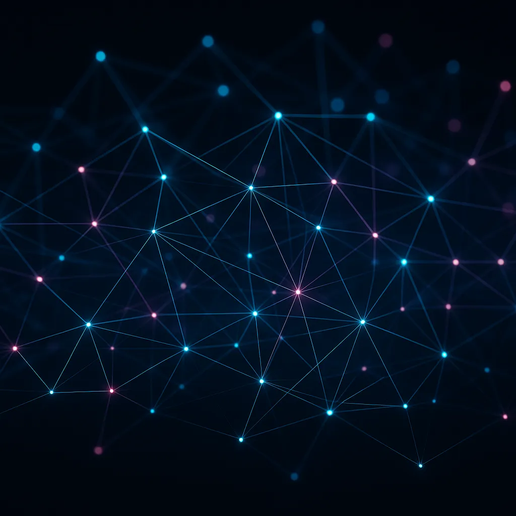 Dark AI data network visualization, neon lines and nodes on black background, modern and sleek technology style, no text, 1536x1024