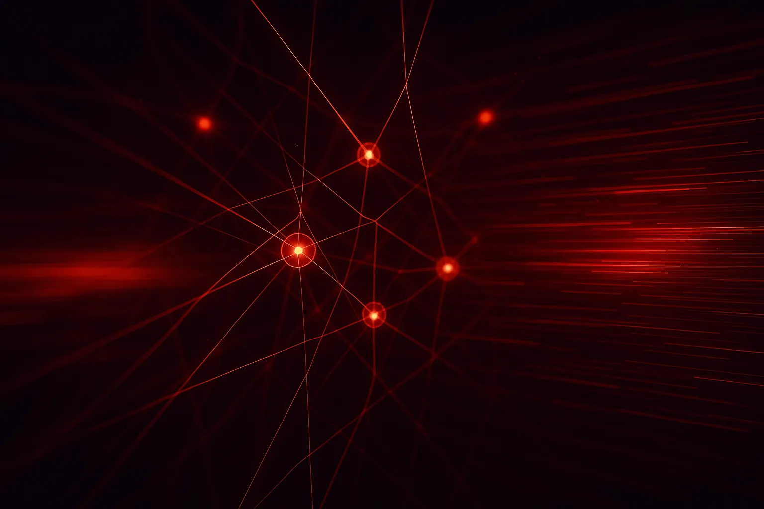 Modern artificial intelligence technology visualization, glowing neural network nodes and connections, digital data streams flowing, bright red and dark red neon colors, futuristic tech aesthetic, abstract but professional, high tech atmosphere, dark tone