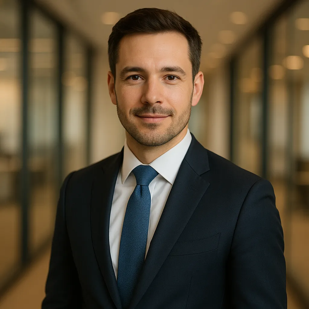 Professional headshot portrait of a confident man in business attire, modern office setting, warm lighting, professional photography, clean background, corporate style