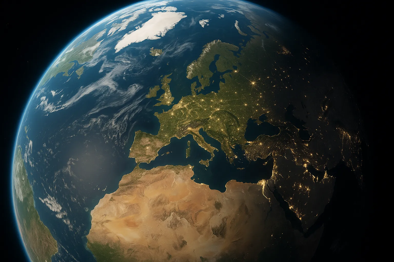 Earth from space extreme close-up of Europe with terminator line