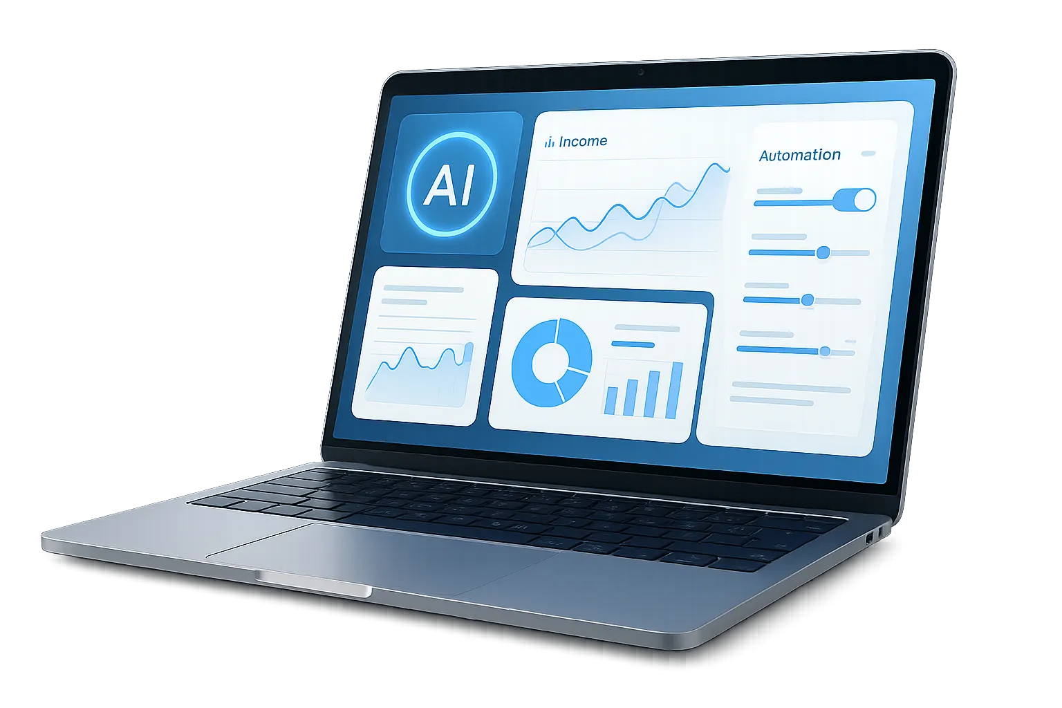 Modern laptop computer displaying a sleek AI-powered dashboard with data analytics, charts, and automation controls, professional tech interface, bright clean design with blue and white colors, transparent background, high-end product photography style