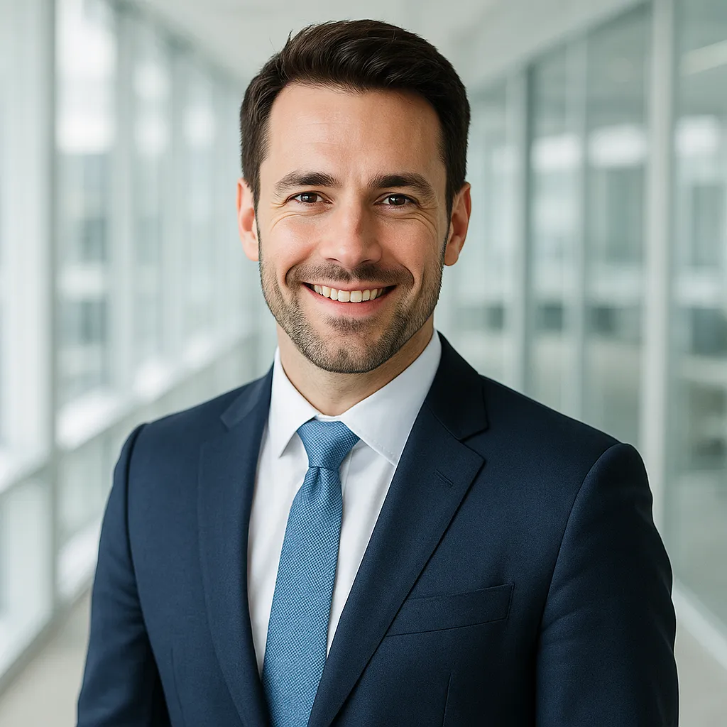 Professional headshot of a confident business man, bright light tone, modern office background, professional photography, smiling, corporate attire, no text