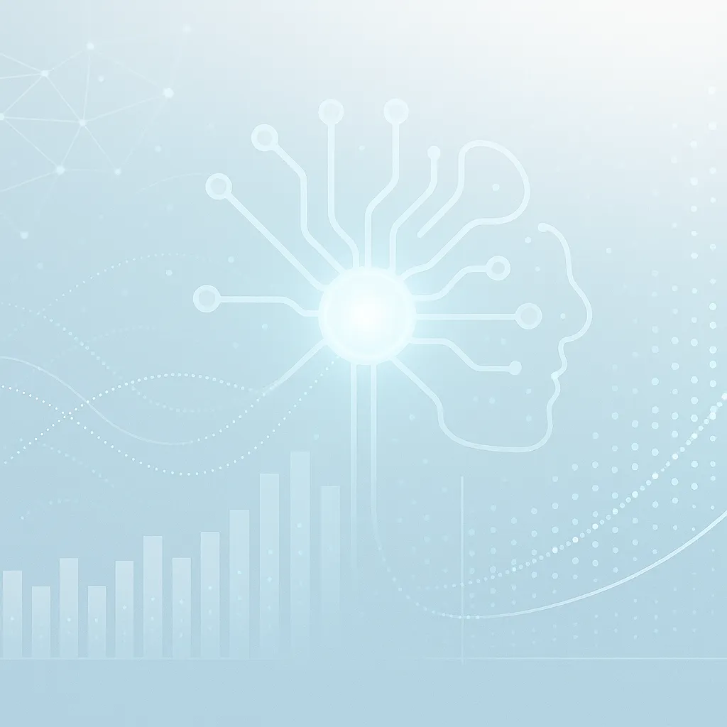 Light abstract artificial intelligence data visualization, blue and white tones, light background, modern, sleek, professional, no text, 1536x1024