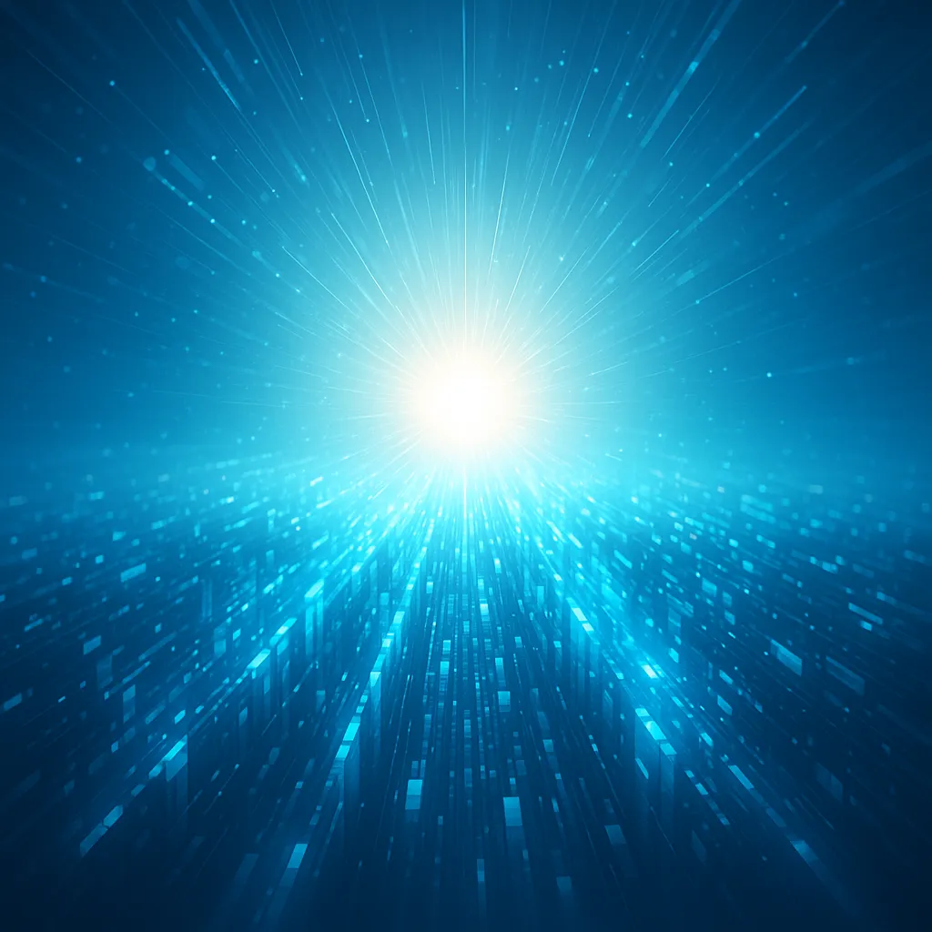 Visionary AI future, abstract glowing light and data streams, modern digital art, bright tones, no text