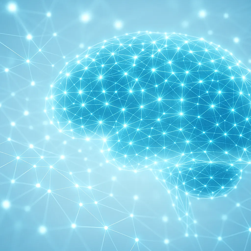 Bright and futuristic AI technology concept, glowing neural network connections, digital brain, light background, professional, modern, high-tech, no text, 1536x1024