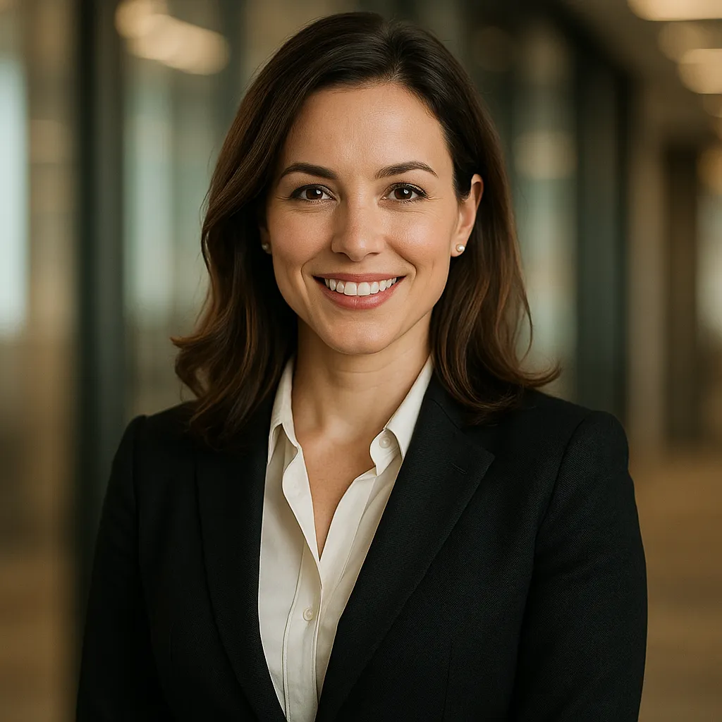 Professional headshot portrait of a confident business woman, corporate executive, modern office setting, professional photography, warm lighting, friendly smile, business attire, high quality, no text
