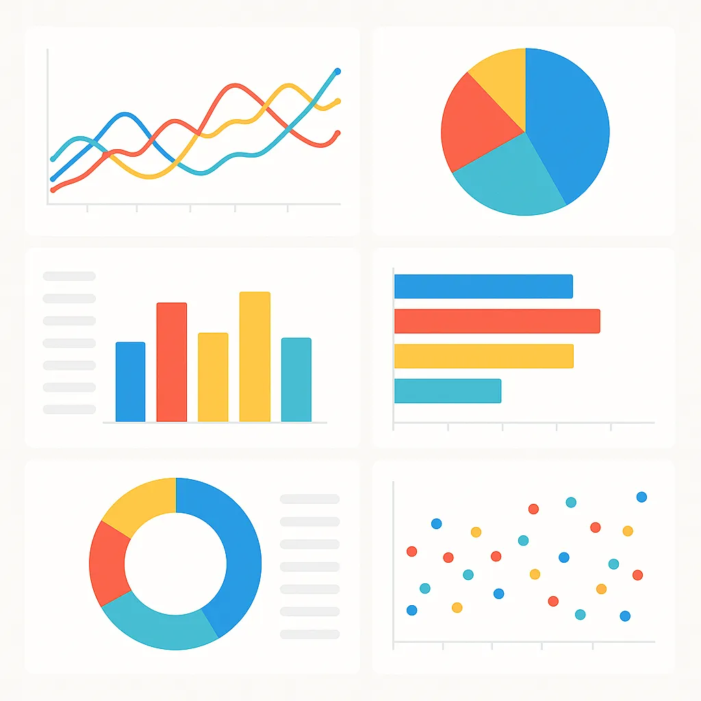 Modern analytics dashboard with colorful charts and metrics, bright professional light tone, data visualization, clean minimalist design, no text, business intelligence