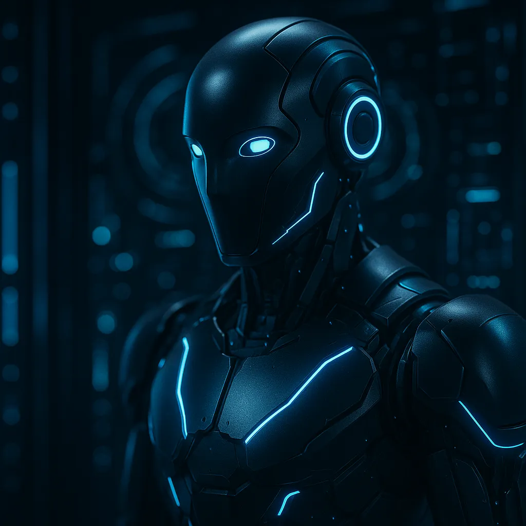 Dark futuristic AI assistant robot, neon blue highlights, high-tech background, glowing elements, professional photography style, no text, 1536x1024