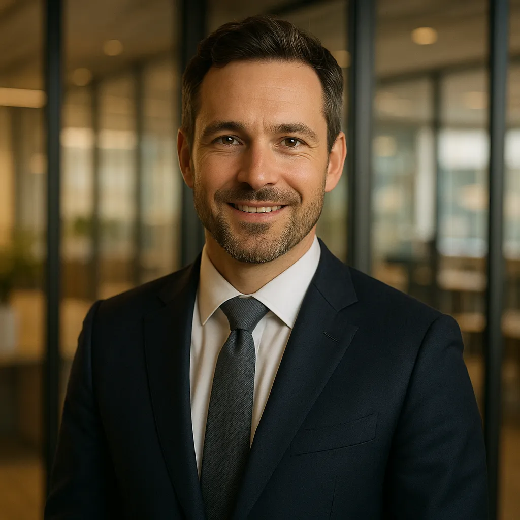Professional headshot portrait of a male business executive, confident entrepreneur, modern office background, professional photography, warm lighting, friendly expression, business suit, high quality, no text