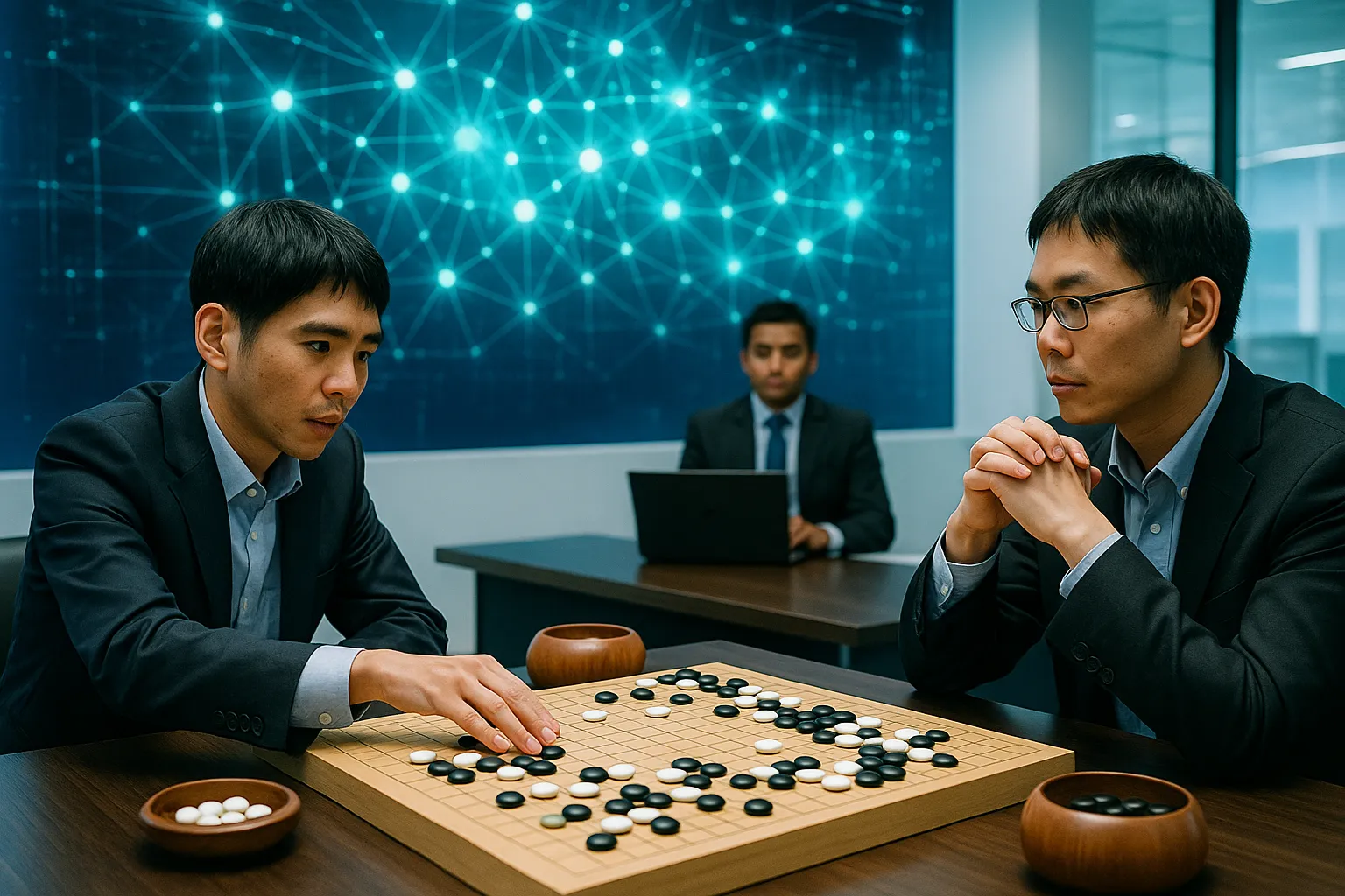 AlphaGo defeating Lee Sedol at Go, artificial intelligence breakthrough, neural network visualization, digital transformation, tech innovation, bright professional setting