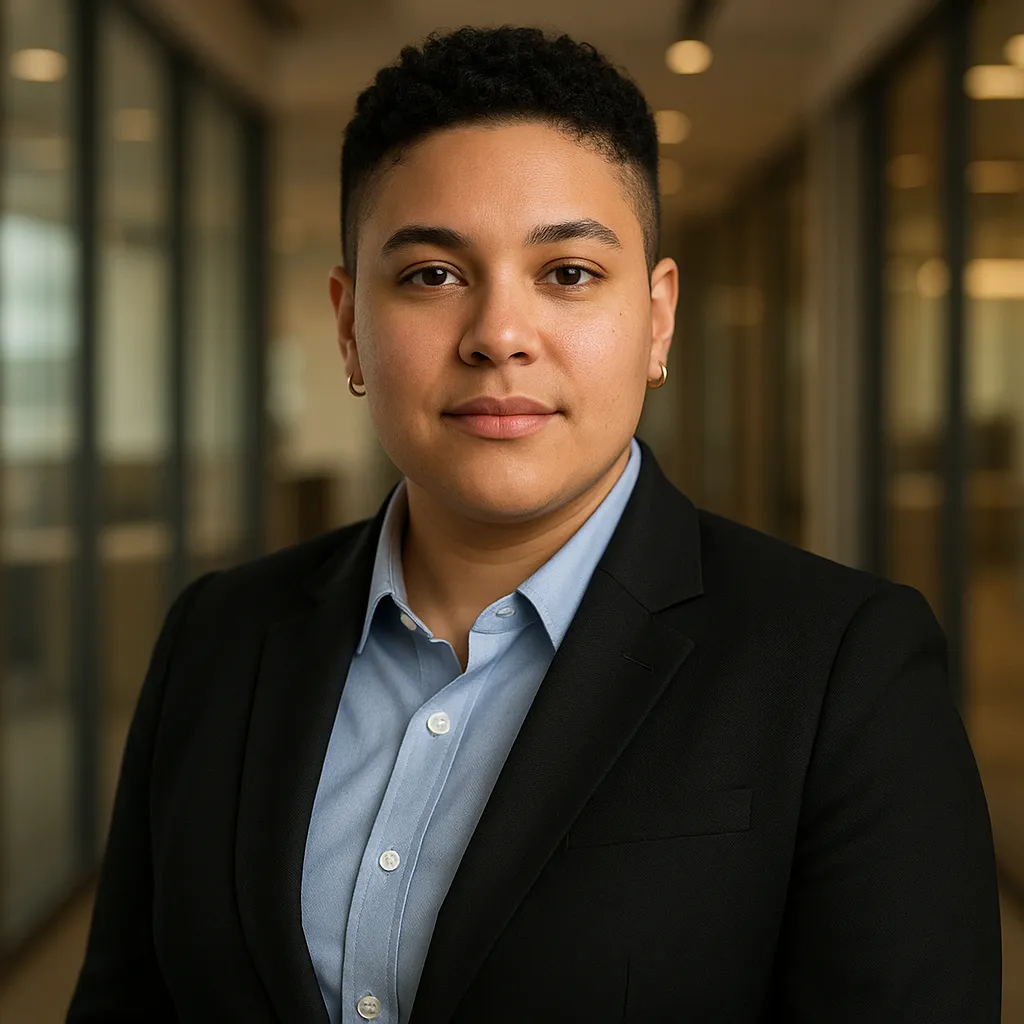 Professional headshot portrait of a confident non-binary person in business attire, modern office setting, warm lighting, professional photography, clean background, corporate style
