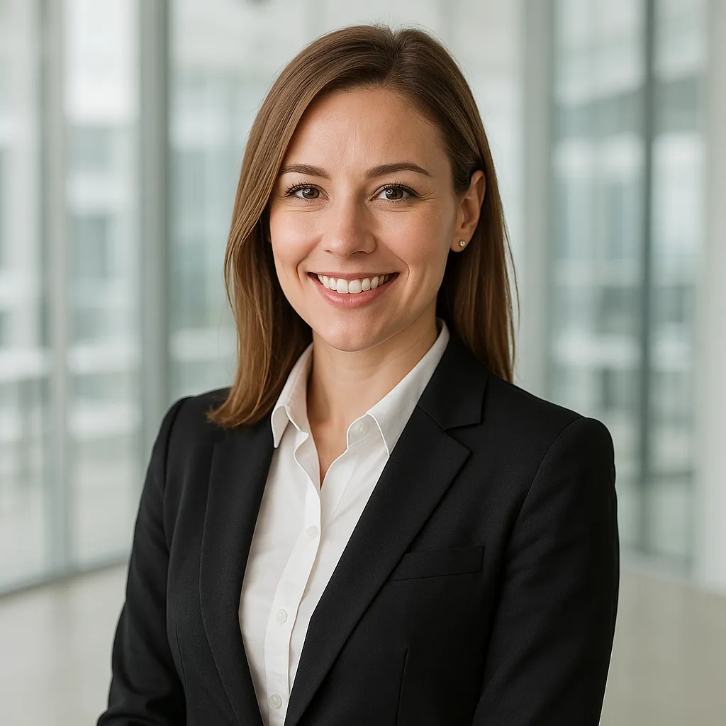 Professional headshot of a confident business woman, bright light tone, modern office background, professional photography, smiling, corporate attire, no text