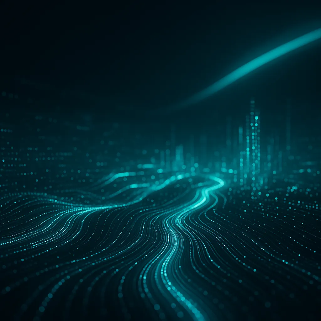 Futuristic digital landscape with flowing data streams and light patterns, dark background with cyan and teal glowing elements, tech innovation theme, no text