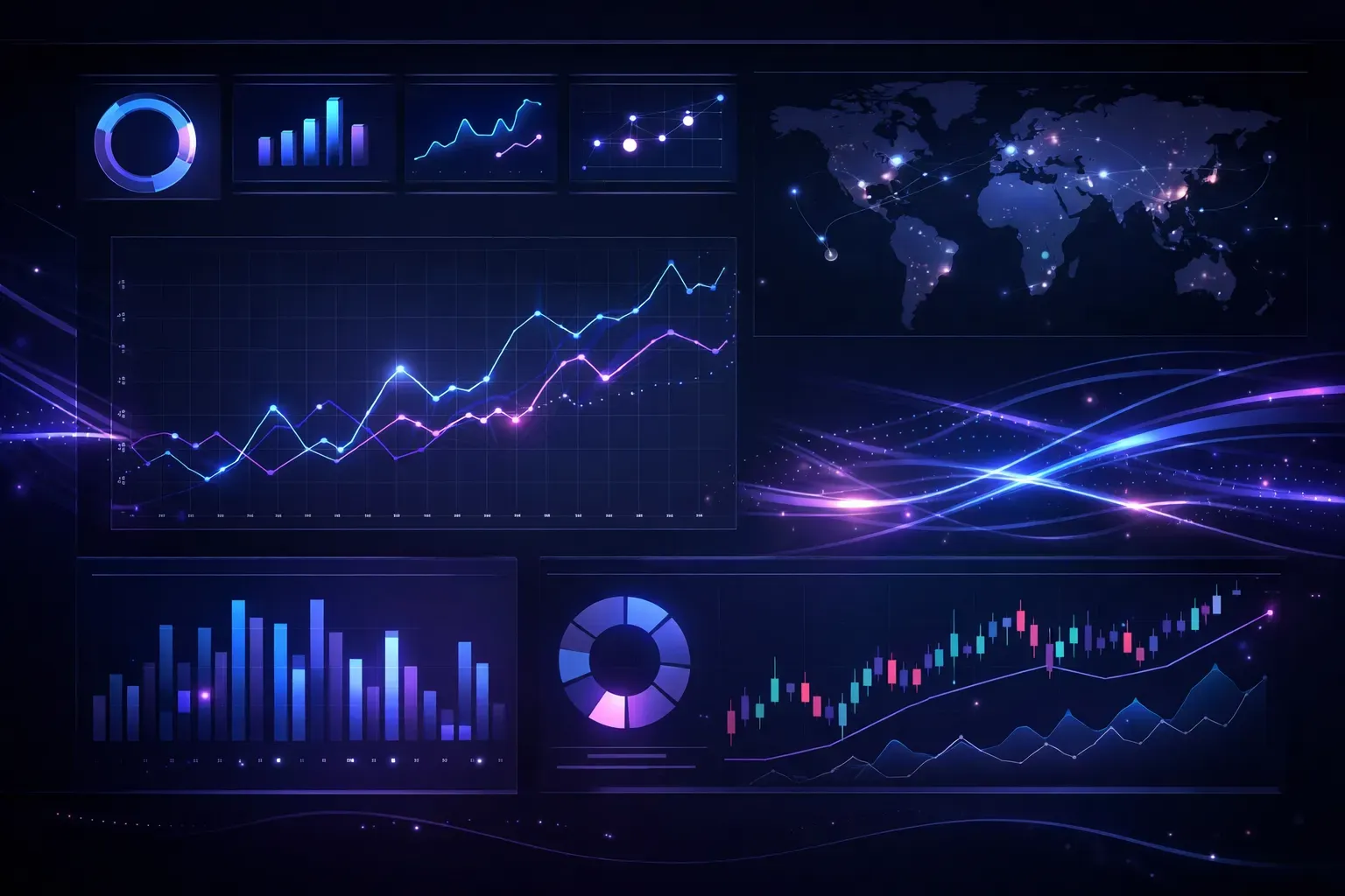Dark professional analytics dashboard background with real-time data visualization, glowing charts and metrics, abstract data streams flowing across screen, deep navy blue and dark purple tones, high-tech aesthetic with glowing accents, sophisticated modern design suitable for analytics and insights platform
