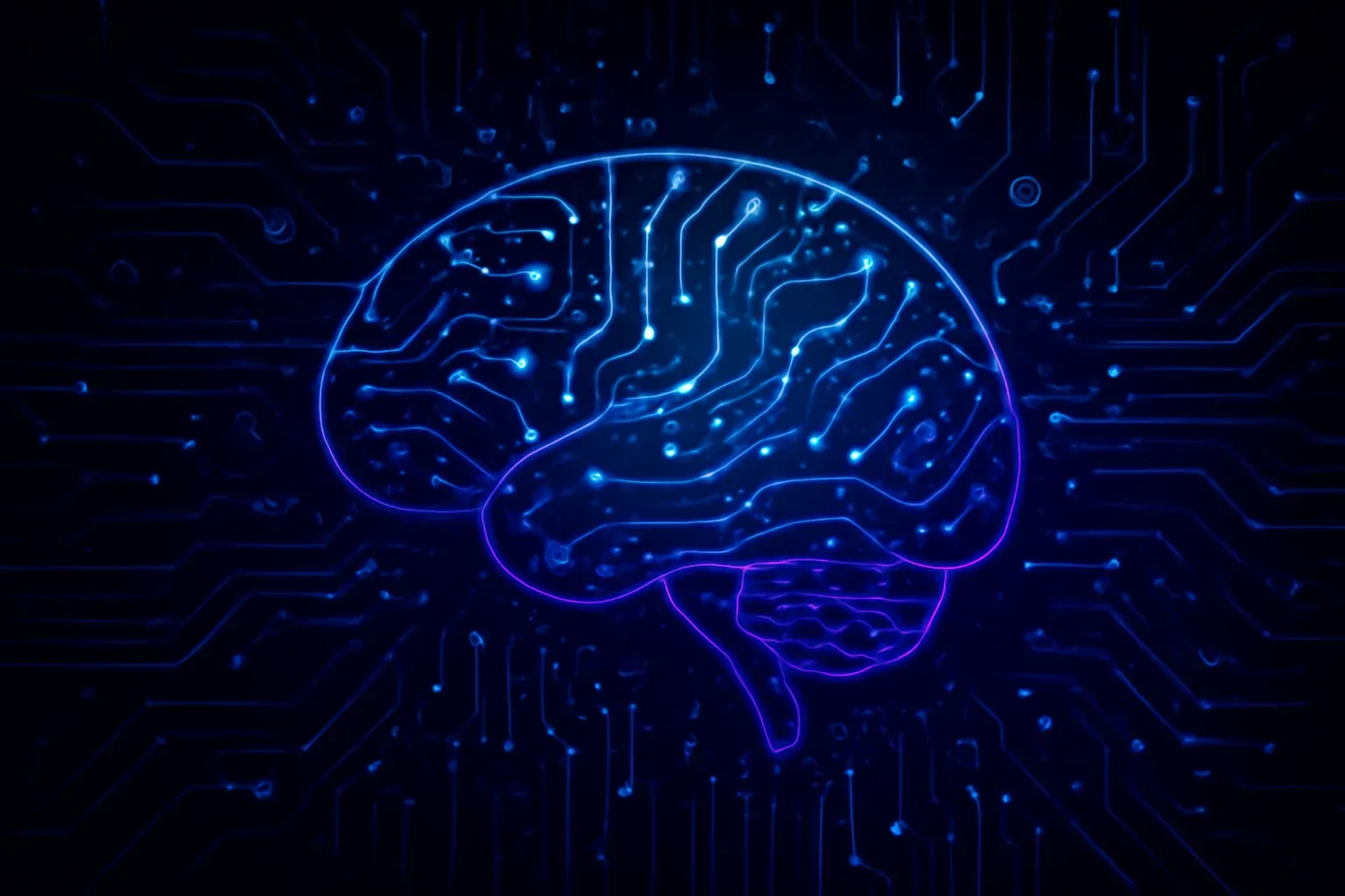 Dark, modern artificial intelligence technology background with abstract neural networks, glowing circuits, and digital connections. Professional, sophisticated design with deep blues and purples. High-tech aesthetic suitable for AI content creation platform. Dark tone with glowing accents.
