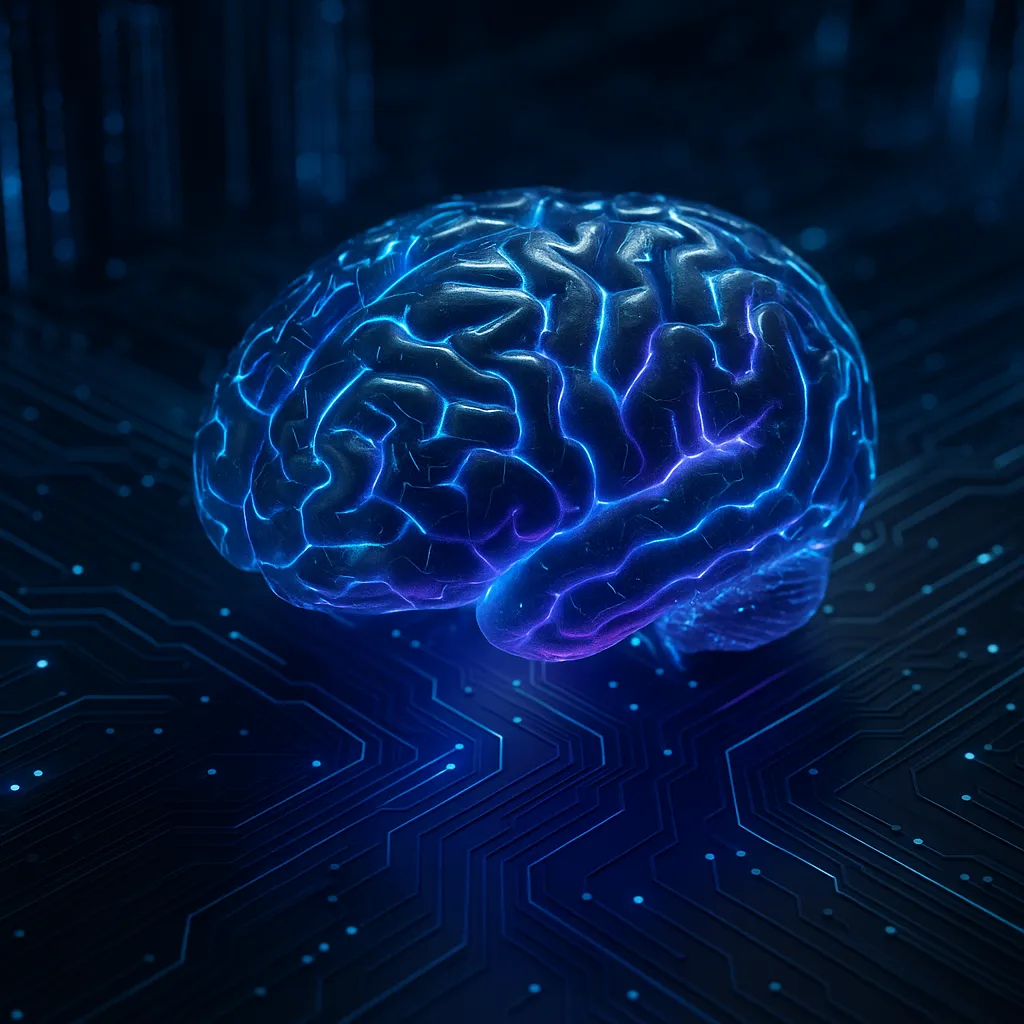 Dark futuristic AI concept, glowing circuits and data streams, digital brain with neon blue and purple lights, high-tech atmosphere, no text, 1536x1024
