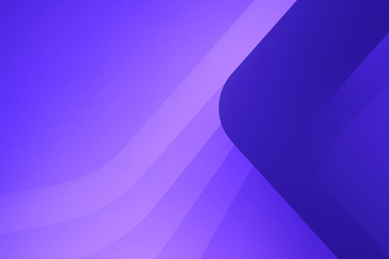Abstract geometric background design with flowing diagonal shapes, purple gradient color scheme transitioning from deep vibrant purple #5B3FD6 to lighter lavender tones. Large angular geometric shape cutting diagonally across the right side in darker purple/navy. Smooth, curved flowing lines, modern minimal aesthetic, professional corporate tech style, soft shadows and depth, ultra modern clean fintech telecom hero section background, aspect ratio 16:9, high resolution, no text