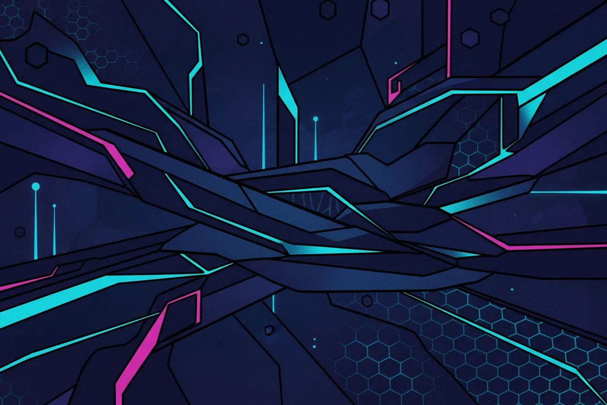 Dark, modern technology background with sleek gradient effect, abstract digital elements and flowing data streams. Professional design with deep navy blues and dark purples. High-tech aesthetic with subtle glowing accents. Dark tone suitable for AI platform.