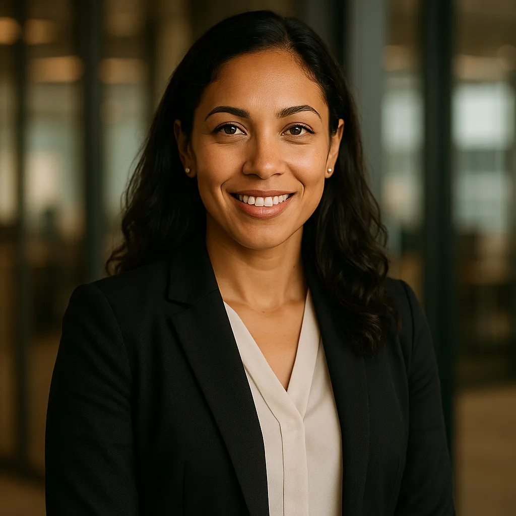 Professional headshot portrait of a diverse business professional woman, confident manager, modern corporate setting, professional photography, warm lighting, approachable smile, business clothing, high quality, no text