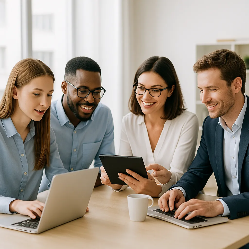 Team collaboration workspace, bright light tone, multiple people working together on laptops and tablets, modern office environment, professional photography, no text, teamwork and communication
