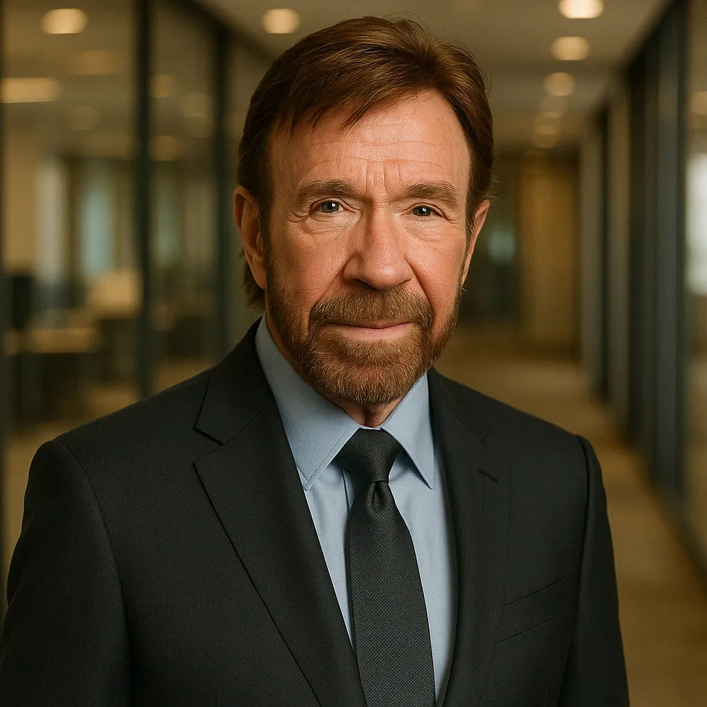 Professional headshot portrait of Chuck Norris in business attire, modern office setting, warm lighting, professional photography, clean background, corporate style