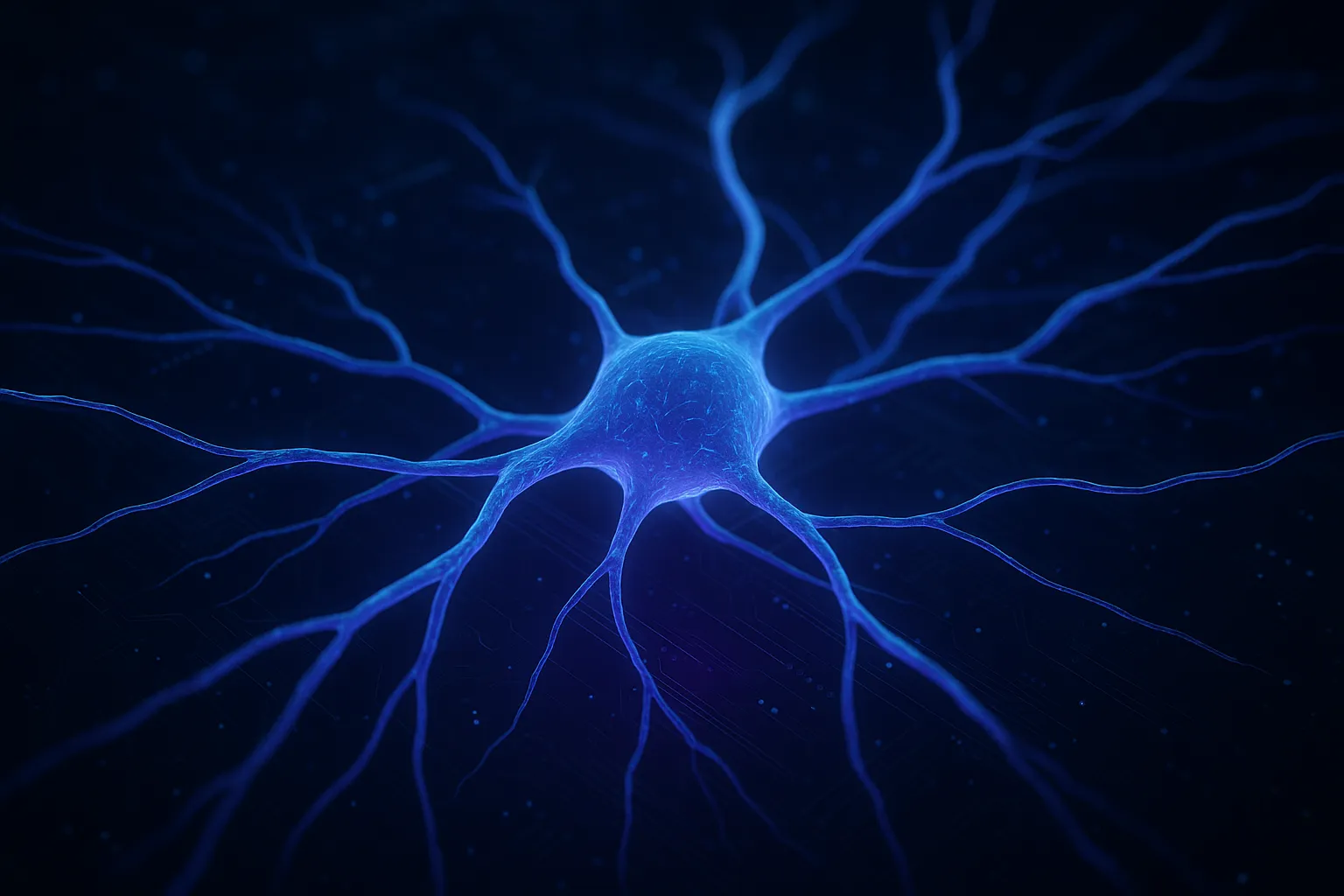 dark futuristic AI technology background, glowing neural network, blue and purple tones, high-tech, modern, no text