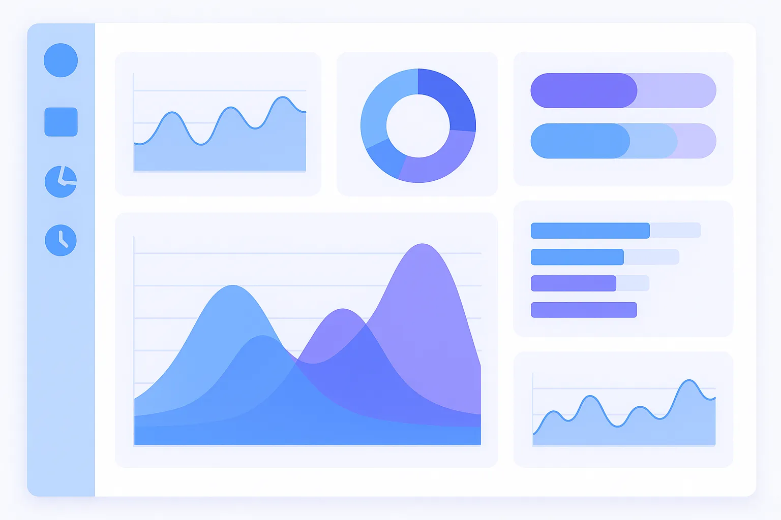 Professional SaaS dashboard interface with blue and purple color scheme, showing analytics charts and data visualization, modern minimalist design, no text, bright light background