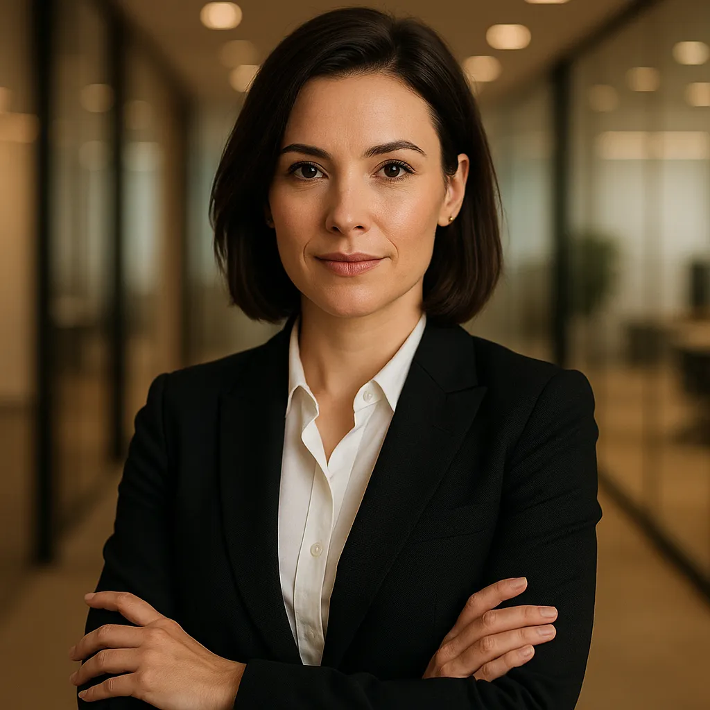 Professional headshot portrait of a confident woman in business attire, modern office setting, warm lighting, professional photography, clean background, corporate style