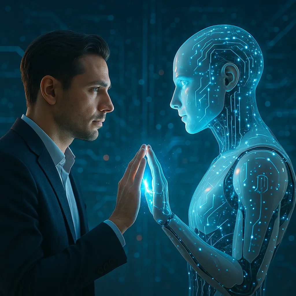 AI manifesto, human and AI collaboration, futuristic technology, digital art, glowing effects, no text