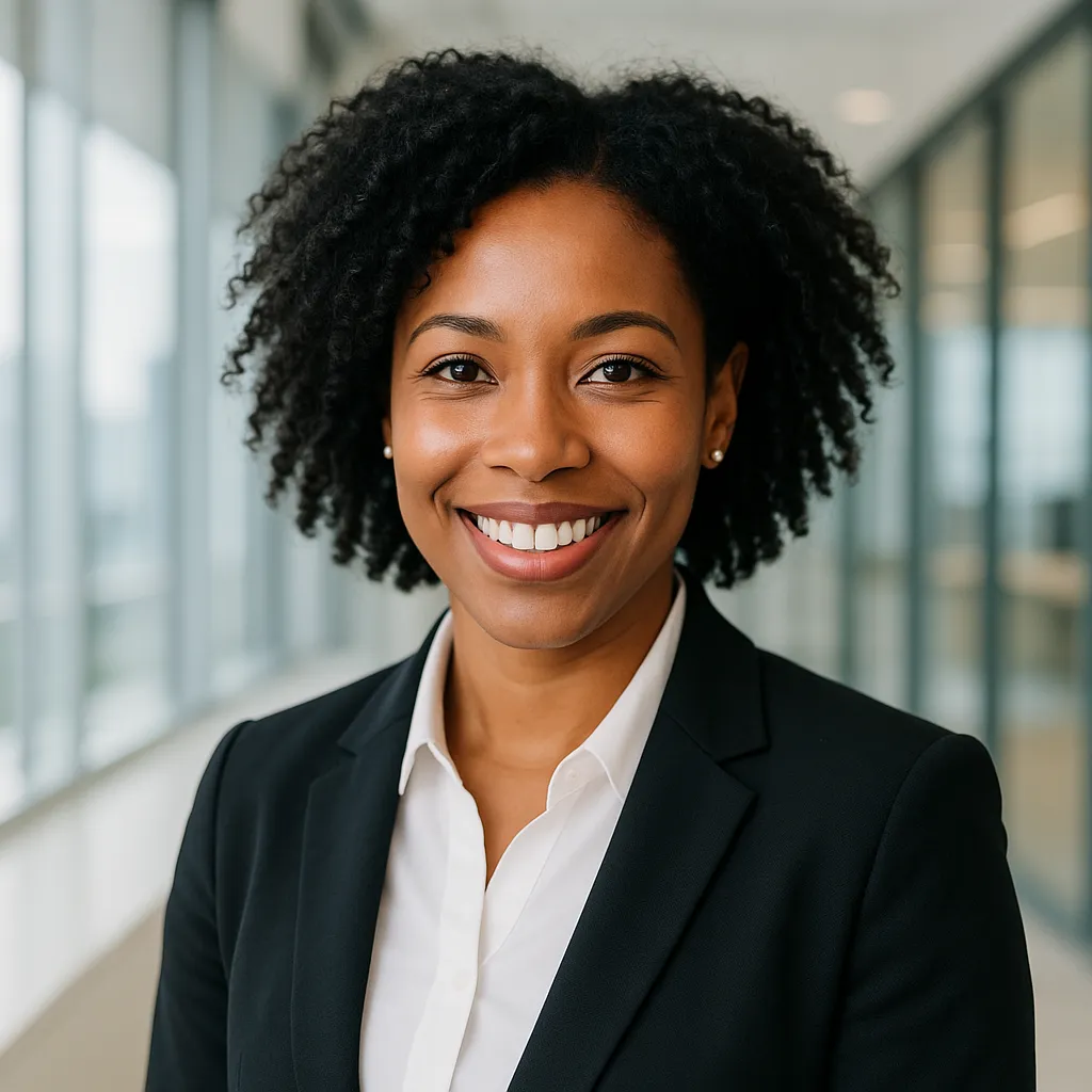 Professional headshot of a diverse business professional, bright light tone, modern office background, professional photography, smiling, corporate attire, no text