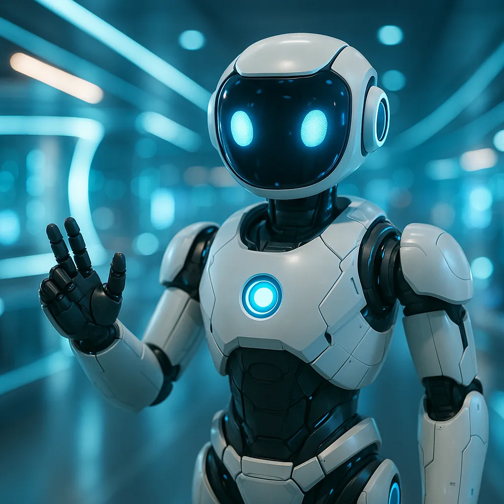 AI-powered robot assistant in a bright futuristic environment, glowing lights, tech atmosphere, professional photography style, no text, 1536x1024