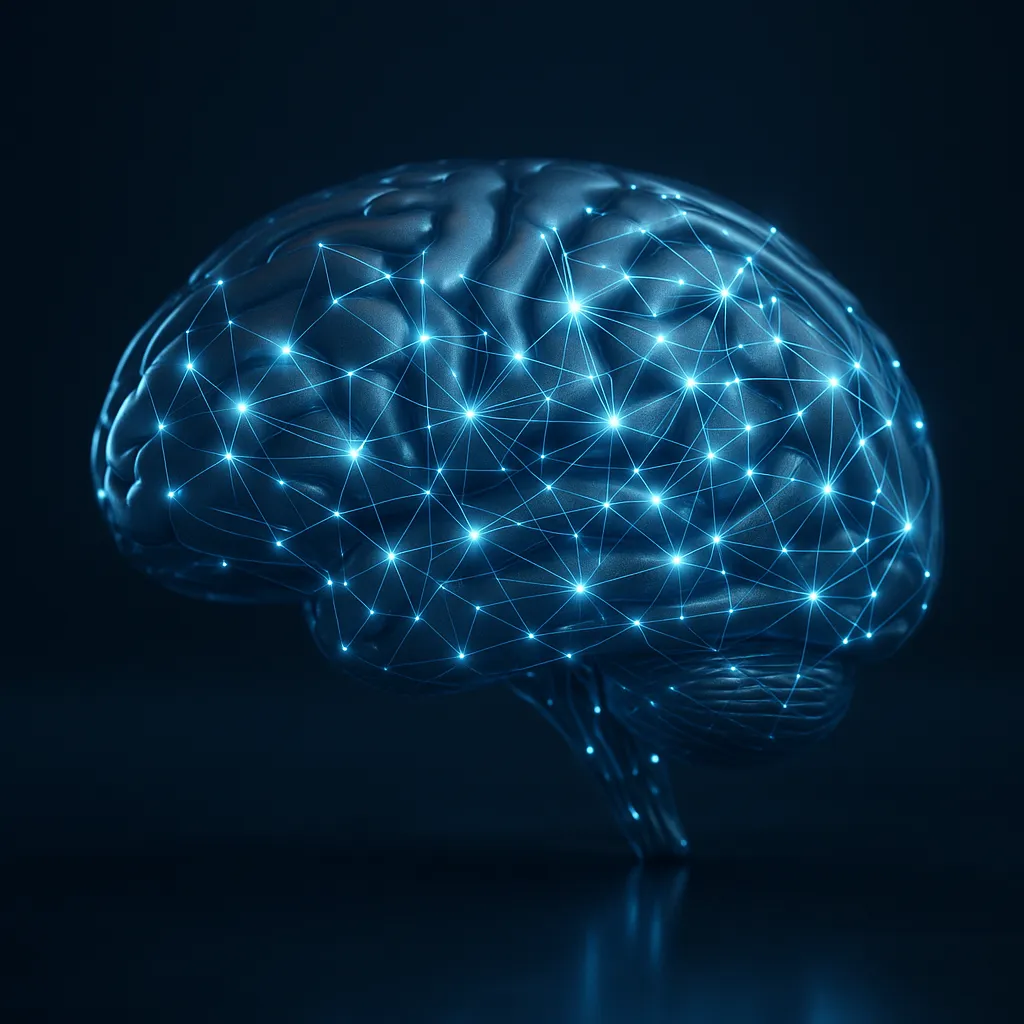 Futuristic AI technology concept, digital brain with glowing neural network connections, dark background, high-tech style, no text